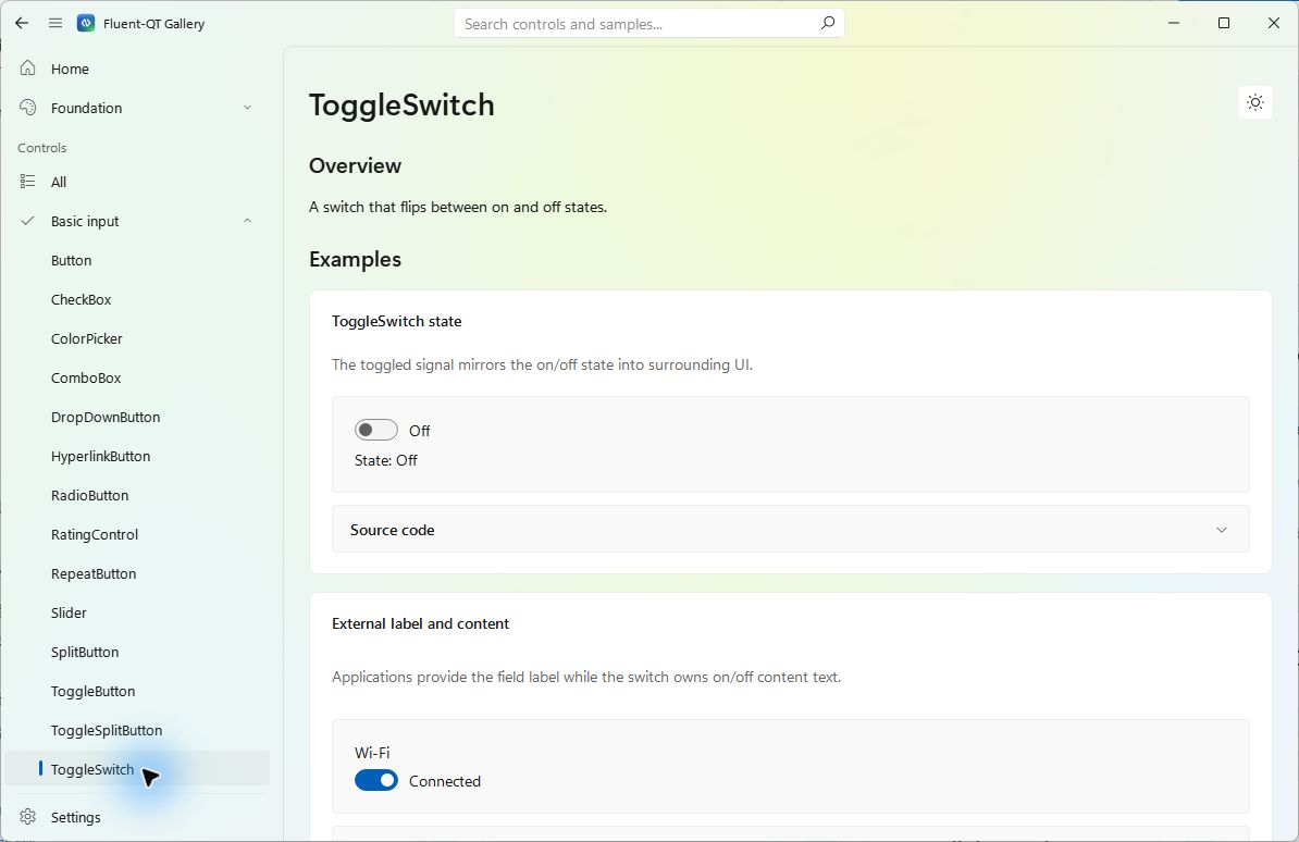 ToggleSwitch in Fluent-QT Gallery
