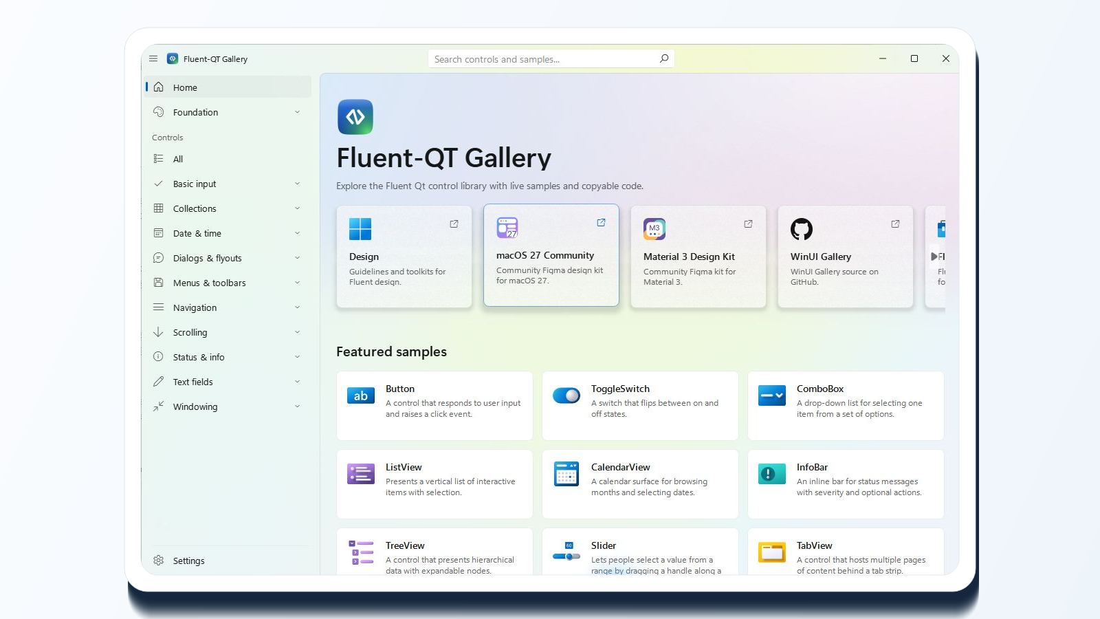 Fluent-Qt Gallery showing real component pages